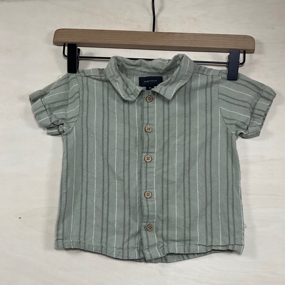 Perry Ellis Toddler Boys Sage Green Striped Short Sleeve Button Down Shirt 2T